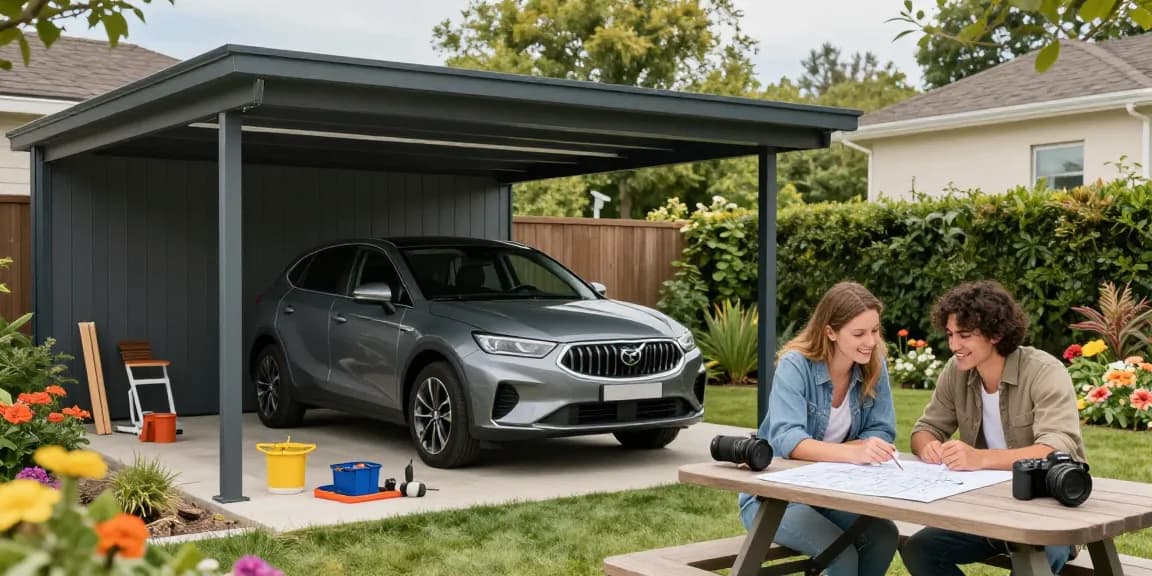 Moderne Carport-Konstruktion mit Auto, DIY-Plänen und blühender Gartenlandschaft.