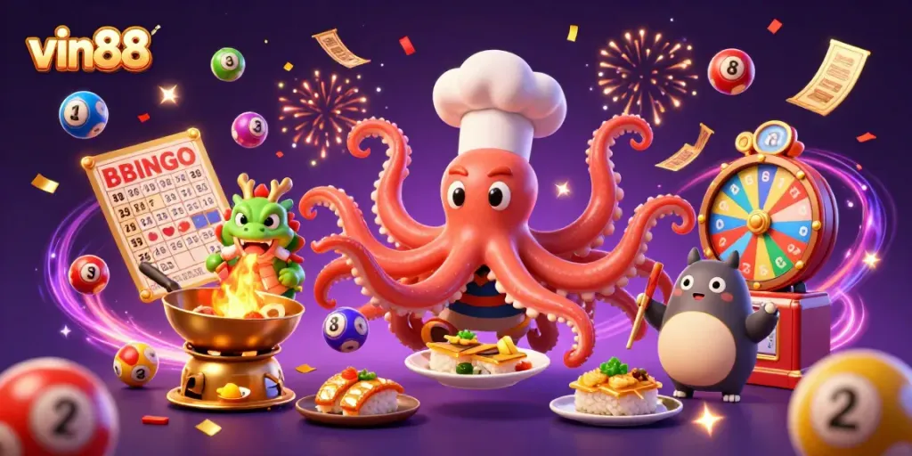 Experience the excitement at vin88 with vibrant casino characters and lottery elements in a dynamic 3D scene.