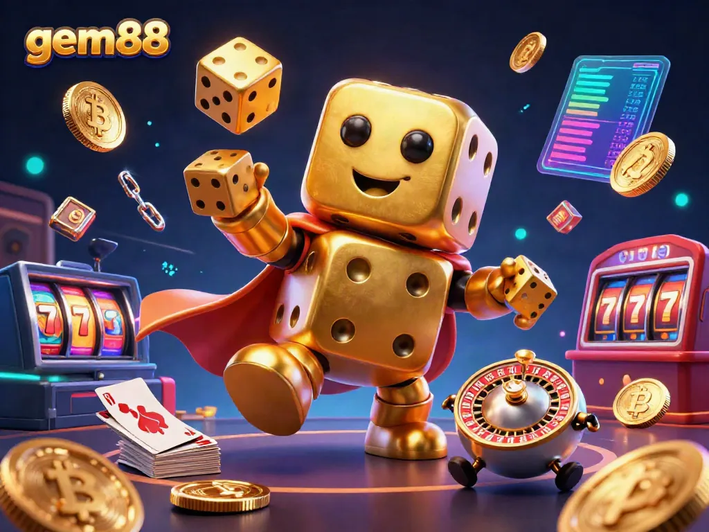 Experience thrilling gameplay with gem88's dynamic casino scene featuring a golden dice golem and crypto elements.