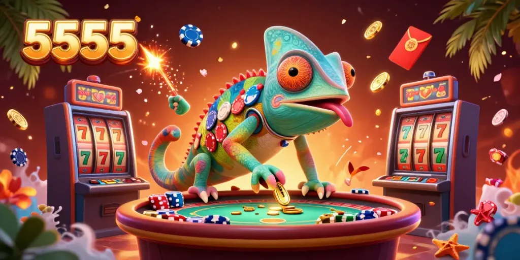 Experience the vibrant 5555 casino scene with a colorful chameleon owner and exciting slots.