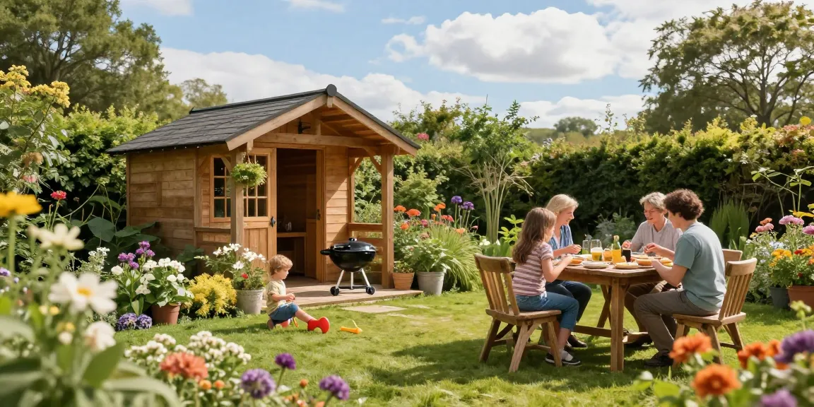 Wunderschönes Gartenhaus umgeben von Blumen und einer Familie beim Grillen im Garten.