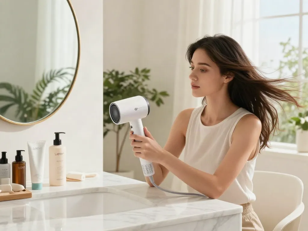 Verwendung des Laifen Air Pro Haartrockners mit intelligenter Temperaturregelung in einem modernen Badezimmer.