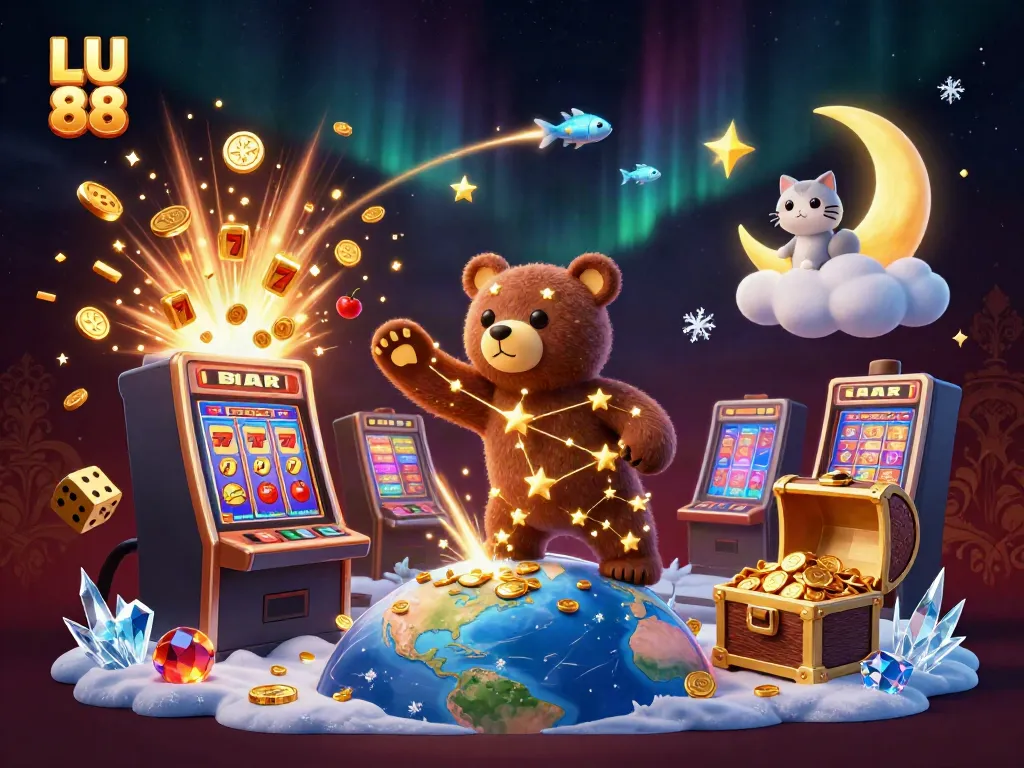 LU 88 illustrated scene showing a constellation bear, jackpot elements, and colorful gaming action