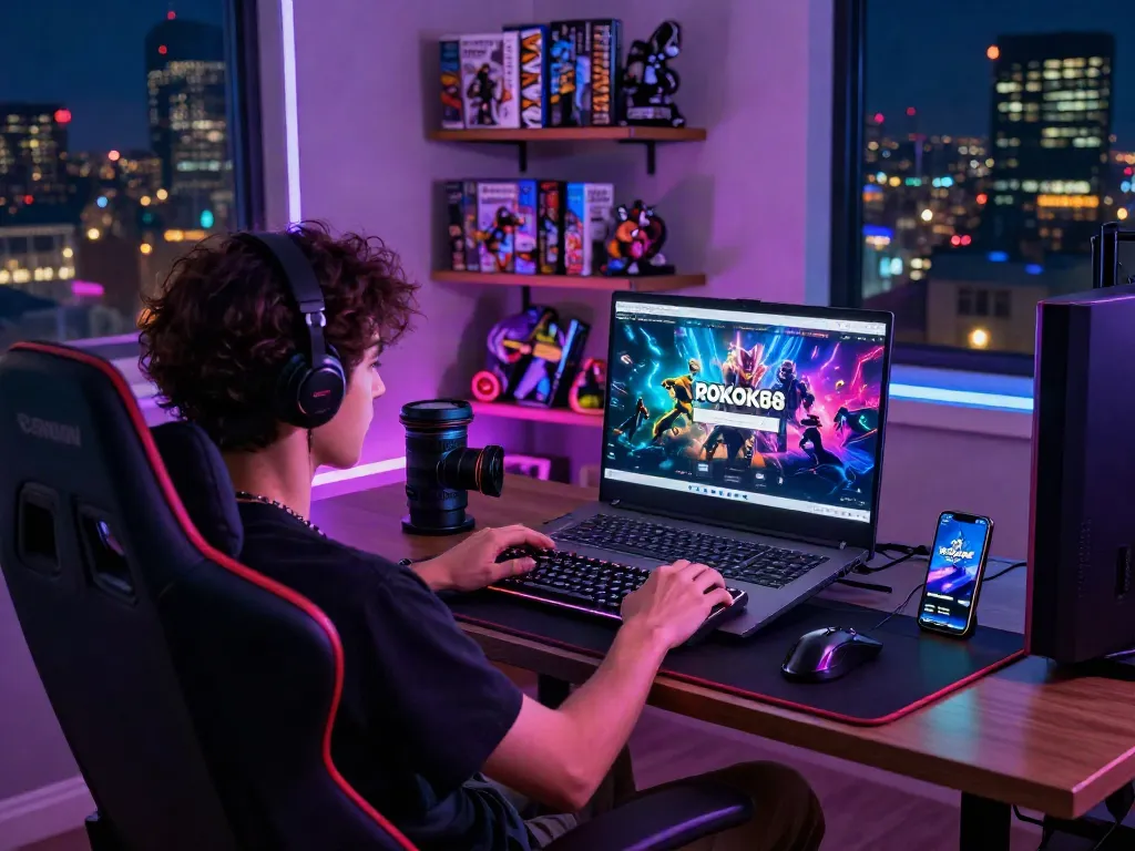 ROKOK88 login interface on a gaming laptop surrounded by vibrant gaming accessories.