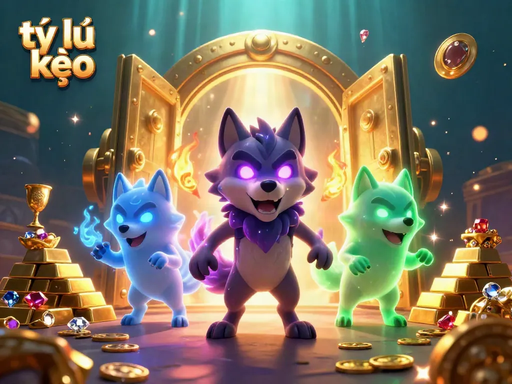 Experience the thrilling world of tỷ lệ kèo with 3D wolf characters amidst a treasure-filled scene.
