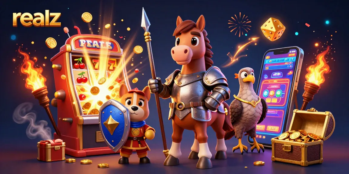 Win big at realz online casino with a medieval themed illustration of knights, symbols, and jackpot excitement.