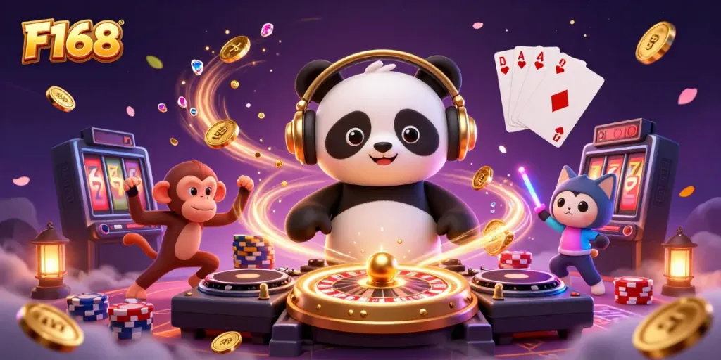 Experience the excitement of F168 with a vibrant scene of animated characters in a dynamic casino setting.