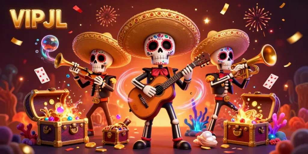 Experience vibrant gaming fun with VIPJL showcased by colorful Day of the Dead skeleton musicians in a rich casino underwater setting.