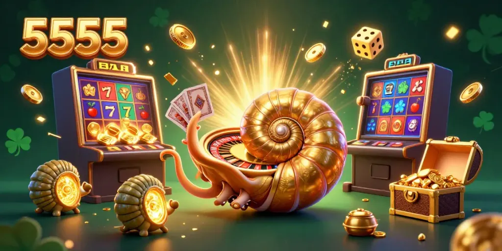 Experience magic with 5555 in an exciting 3D casino adventure illustration featuring vibrant game elements.