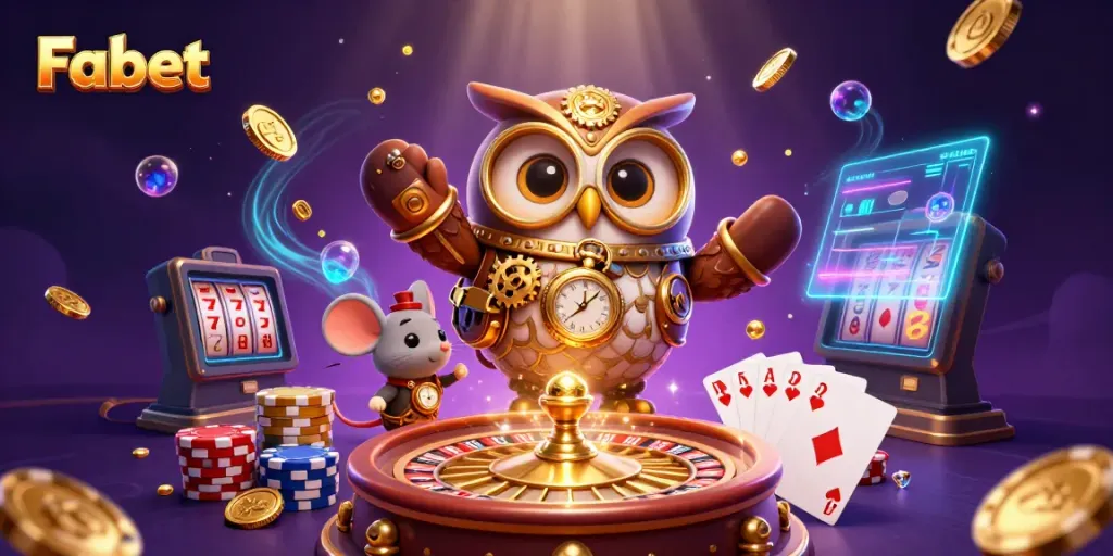 Fabet's captivating gaming world features a charming time-traveler owl in a casino atmosphere.