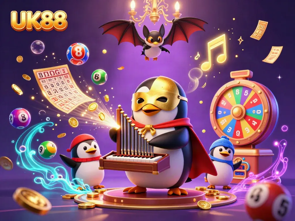 Win big with UK88's dynamic lottery scene featuring vibrant elements and lively characters.