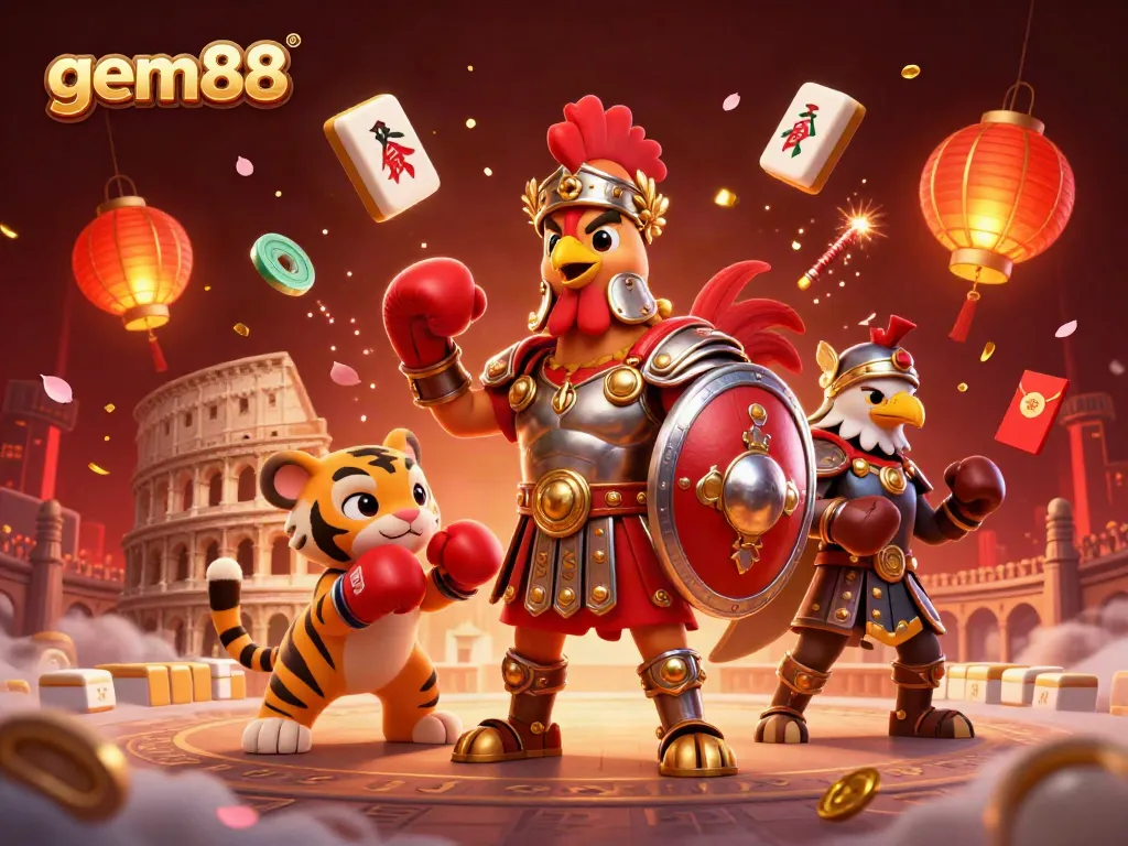 Experience vibrant gambling excitement with gem88, featuring a dynamic rooster gladiator, tiger cub, and eagle in a rich casino atmosphere.