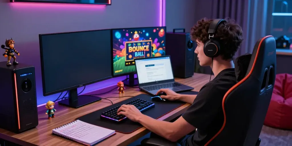 Gamer engaged in playing GGSOFT Bounce Ball slot game with vibrant graphics.