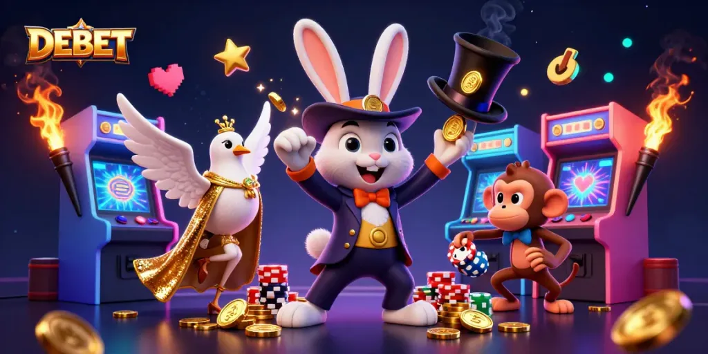 Engage with DEBET's magical casino experience, featuring a charming rabbit, glittering coins, and playful poker chips.