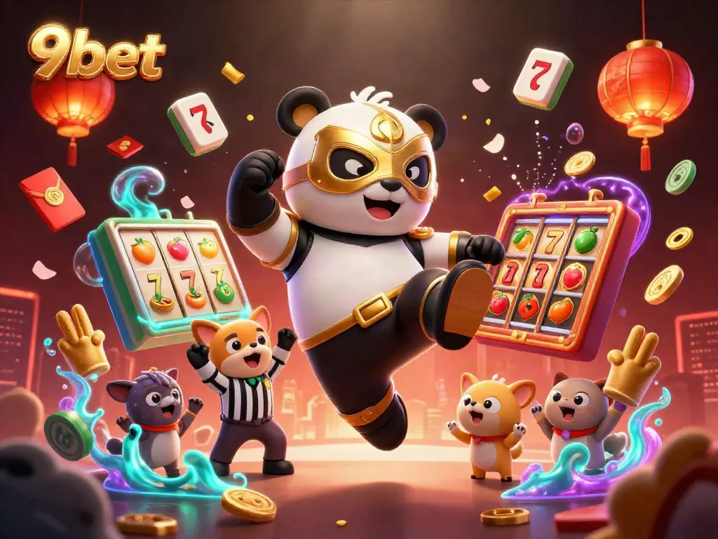 9bet casino scene featuring a panda wrestler alongside mahjong tiles, slot symbols, and cheering animal spectators.