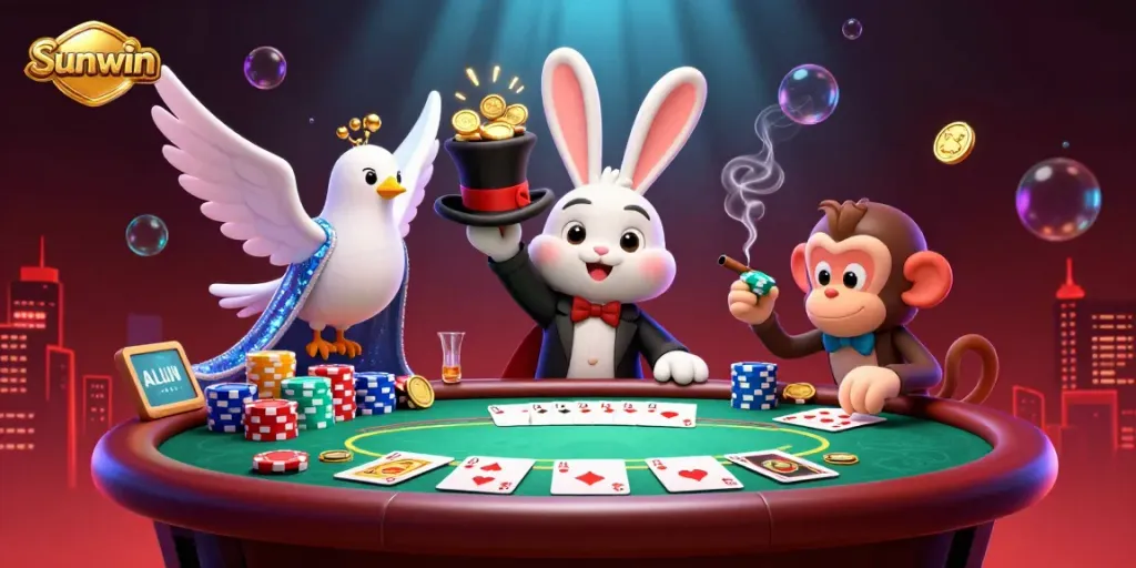 Experience the thrilling excitement of Sunwin as a magician rabbit conjures coins and poker chips in a vibrant casino scene.