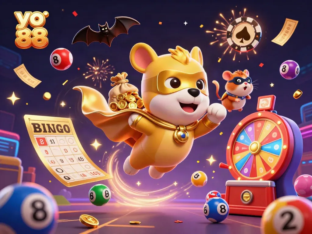 Experience the thrill of yo 88 with a superhero dog and hamster amidst vibrant gambling elements.