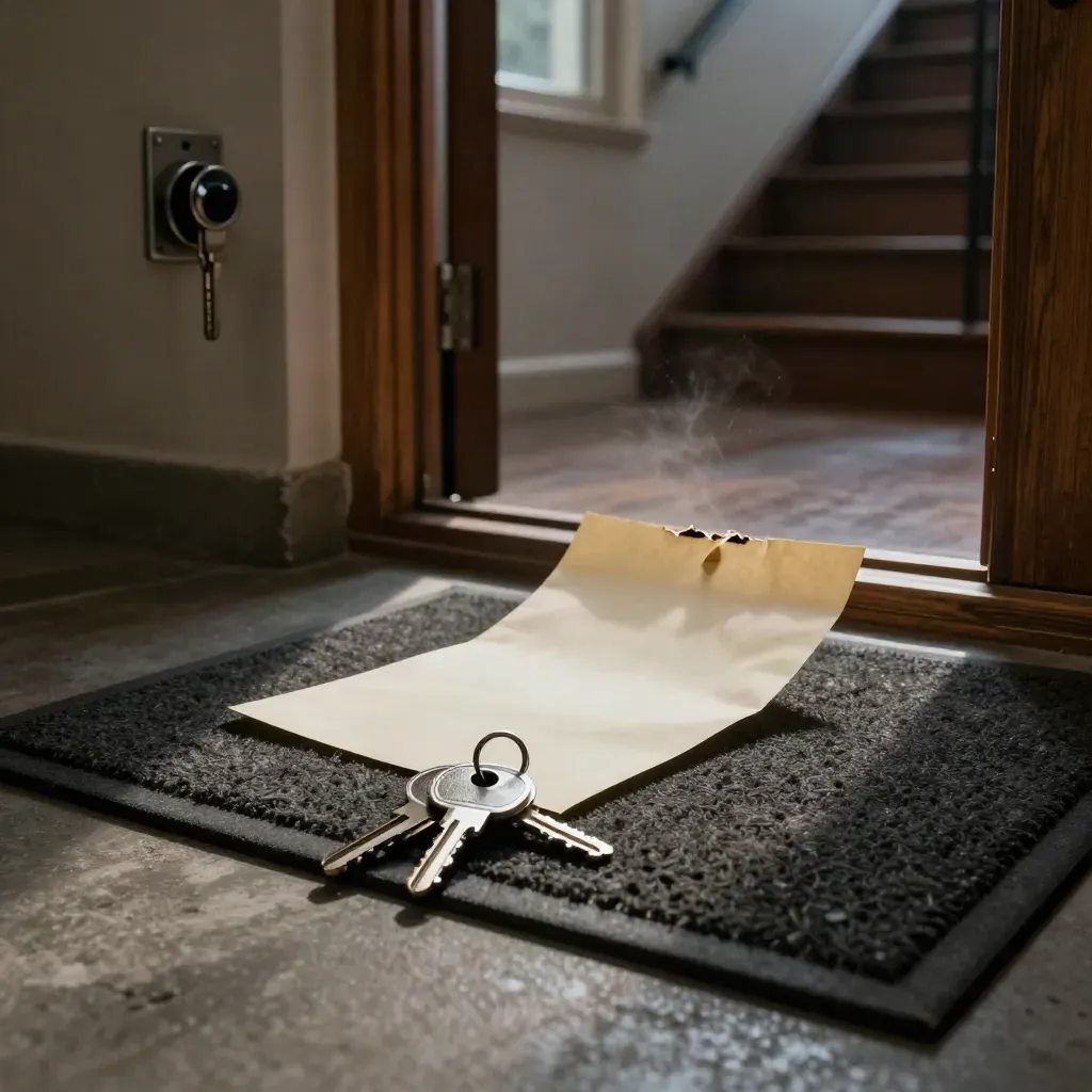 Wohnungsflur mit Schlüsseln, Papierumschlag, Umzugskarton und offener Tür zum Treppenhaus.