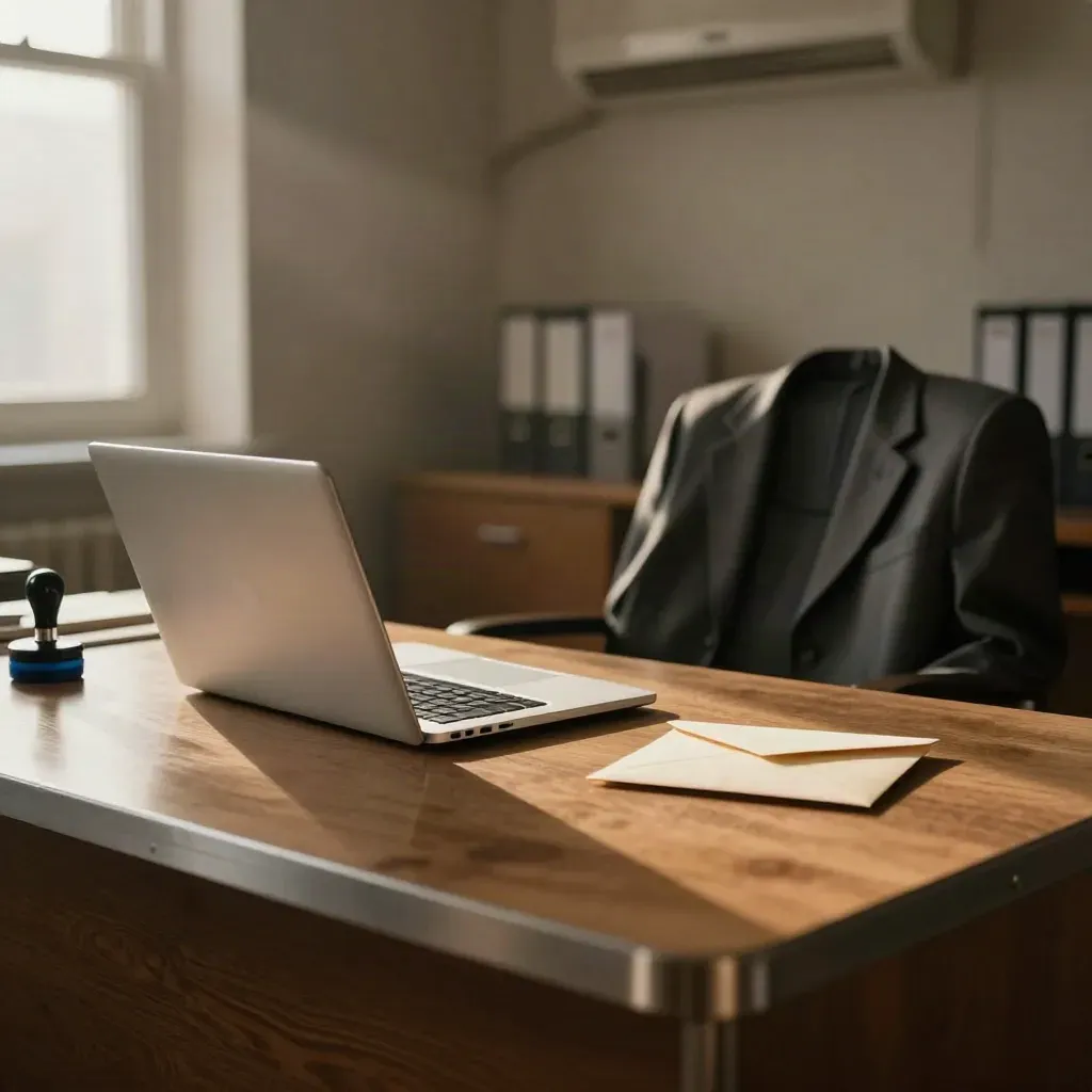Leerer Personalbüro-Schreibtisch mit Laptop, Stempel, Mantel und Umschlag nach Büroschluss.