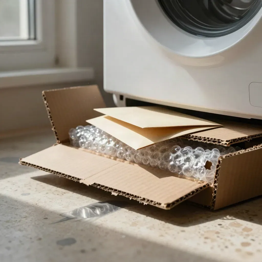 Geöffnete Paketverpackung mit Luftpolsterfolie, Haushaltsgerät und Rücksendeumschlag auf Travertinboden.