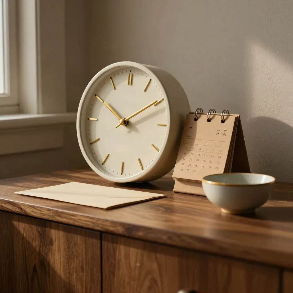 Wanduhr, Kalenderblock, Brief und Keramikschale im warmen Seitenlicht.