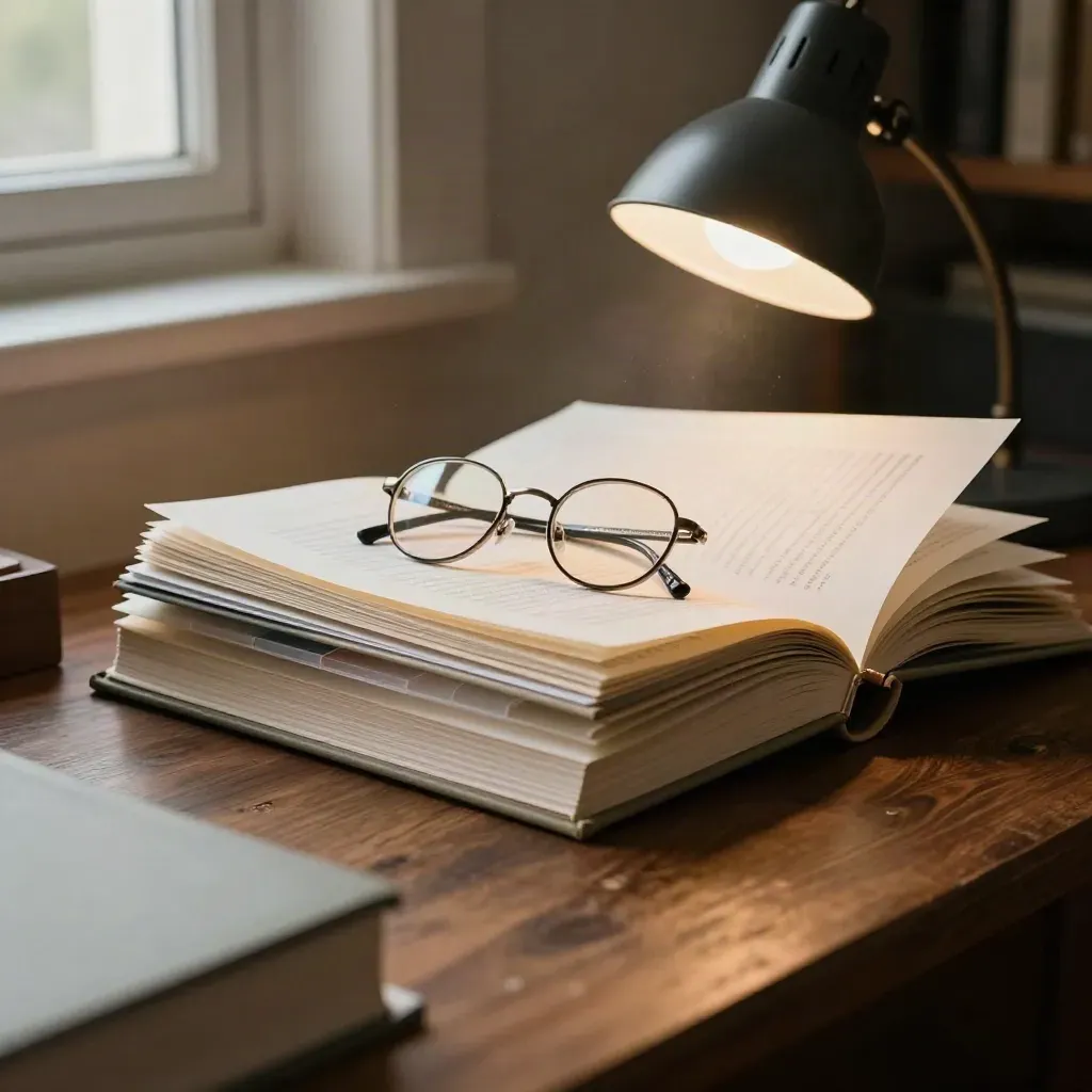Aktenstapel mit Lesebrille und Lampe kippt über dunklem Holz, warmes Nachmittagslicht, staubige Büroatmosphäre.