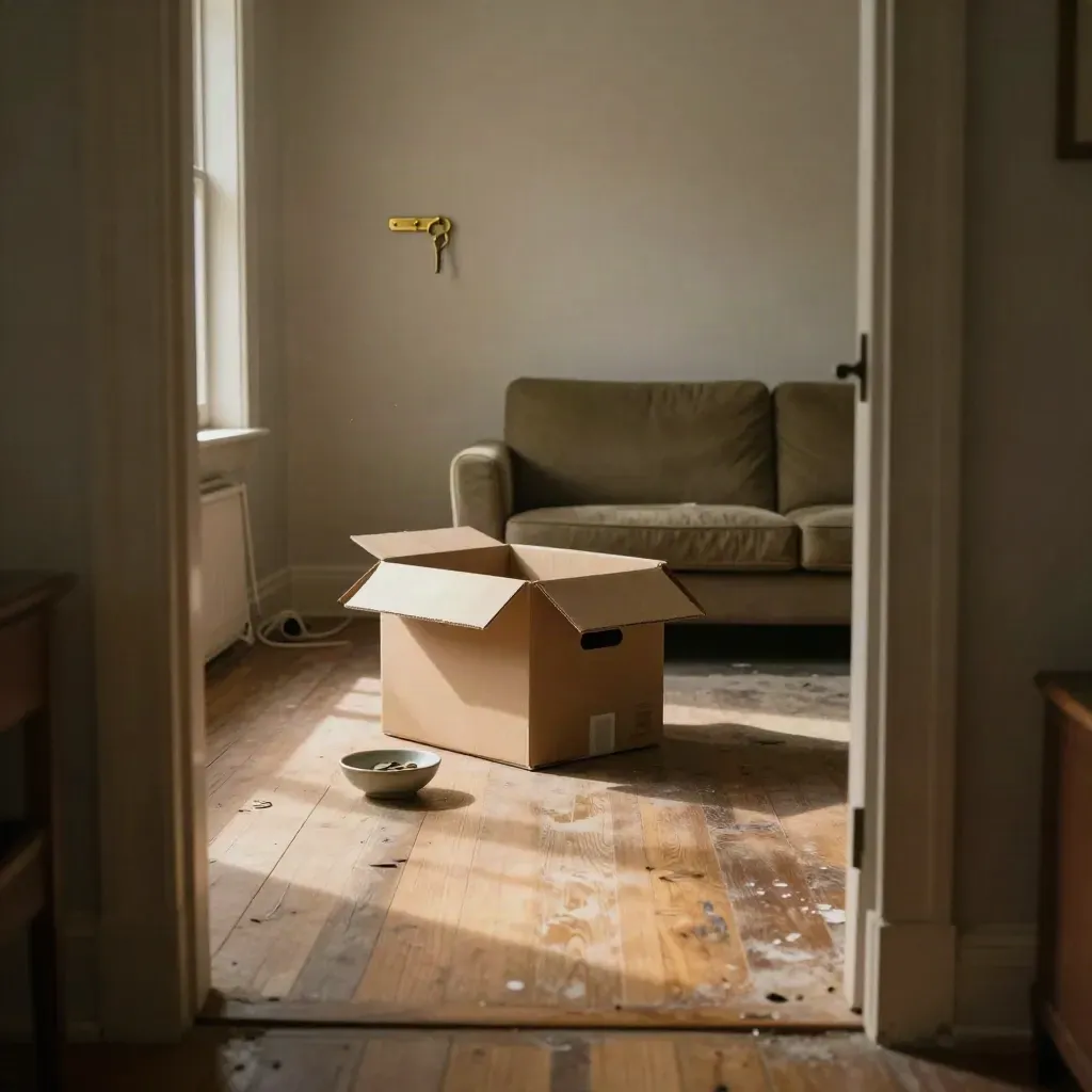 Leeres Wohnzimmer nach dem Auszug mit Karton, Schlüsselleiste und Münzschale