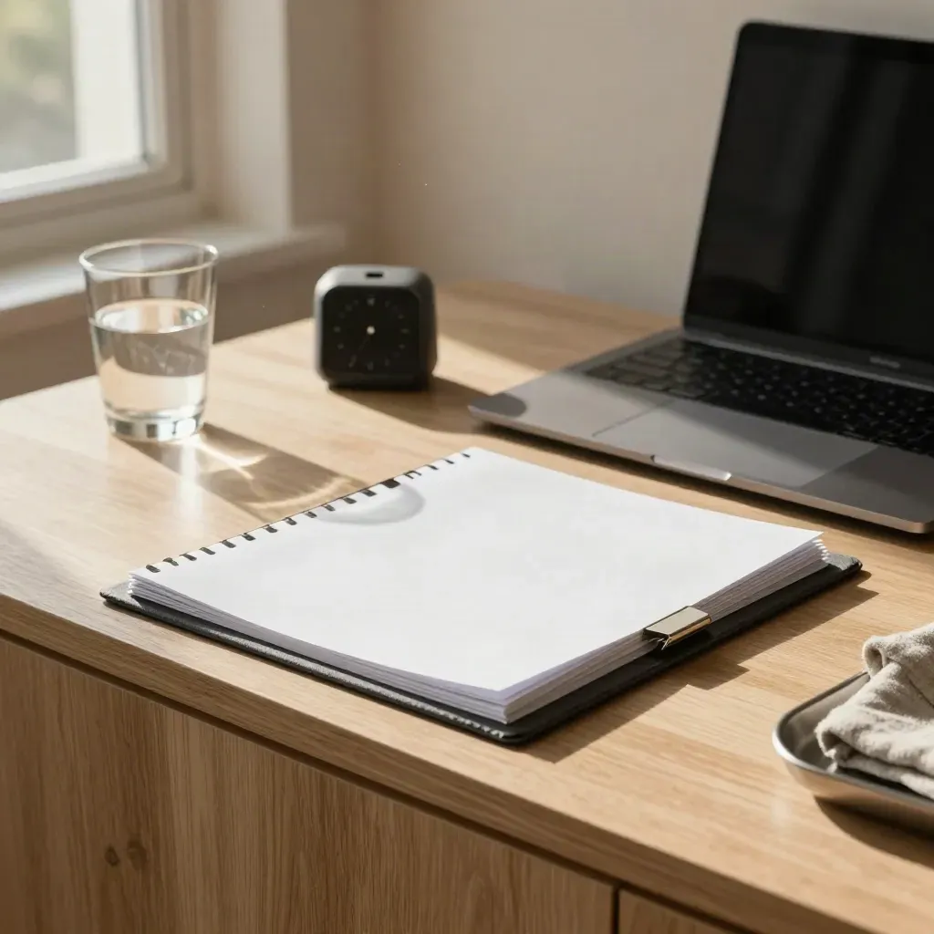 Freier Arbeitsplatz mit Laptop, Timer, Wasserglas und Mappe im warmen Fensterlicht.