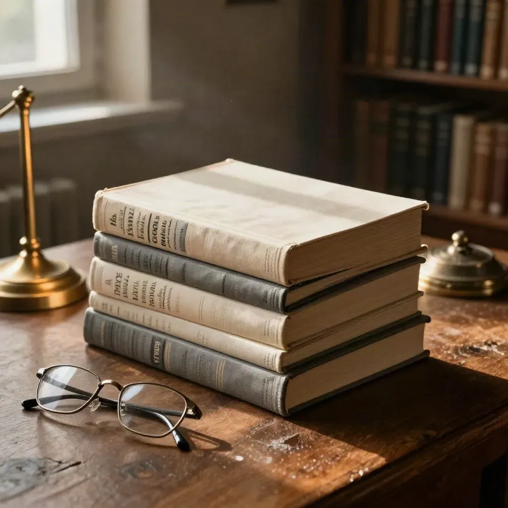 Markierte Gerichtsbände mit Lesebrille und kleiner Lampe im warmen Lesesaal.