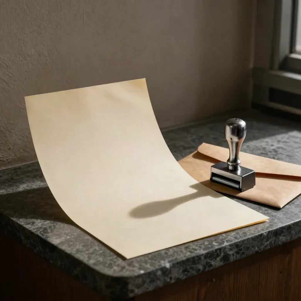 Leerer Briefbogen, Umschlag und Metallstempel im Nachtlicht mit Uhrenschatten.