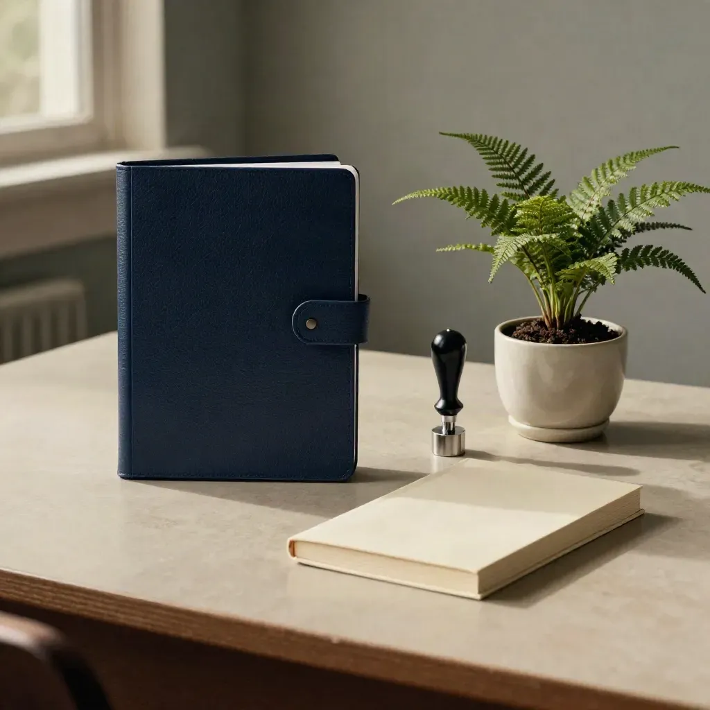 Dunkelblaue Personalmappe mit Metallstempel, Block und Farn auf hellem Schreibtisch