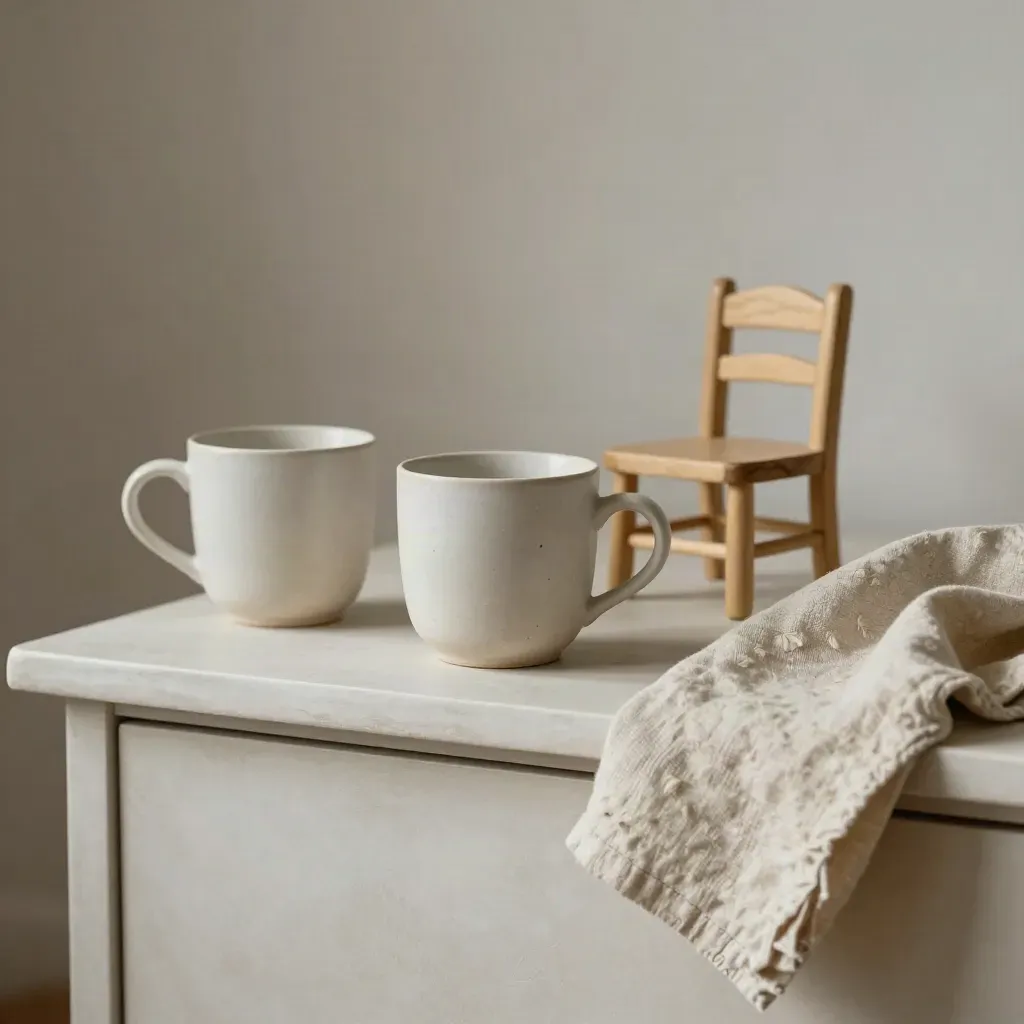 Zwei Keramikbecher, Kinderstuhl und Leinentuch auf hellem Sideboard, ruhig und zart