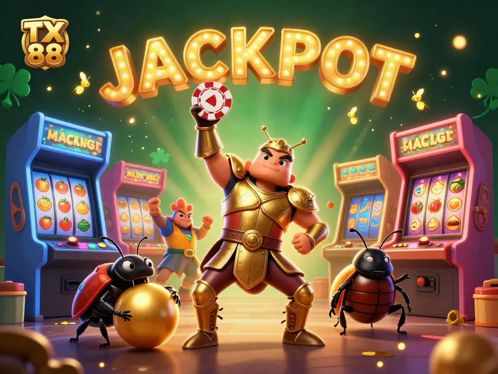Experience the thrill of TX 88 with a victorious hercules beetle in a colorful casino scene.