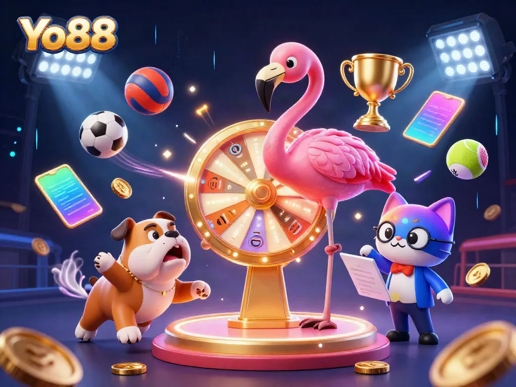 Experience thrilling gameplay at Yo88 with a vibrant scene of casino excitement and dynamic characters.