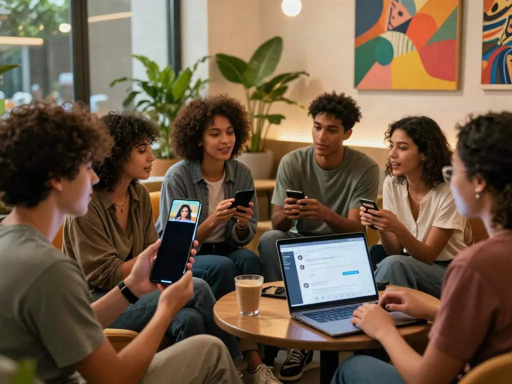 Diverse group discussing 18+ AI applications in a stylish lounge.