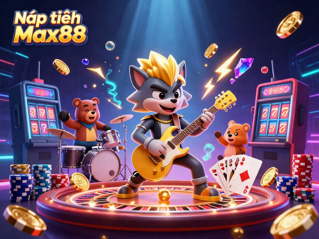 Nạp tiền Max88 showcases a lively casino scene inspired by rock music, featuring animated characters and vibrant game elements.
