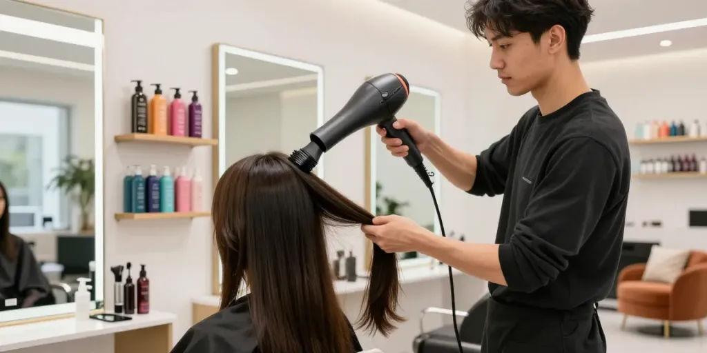 Leistungsstarker Föhn in einem modernen Friseursalon, der für effektives Styling eingesetzt wird.