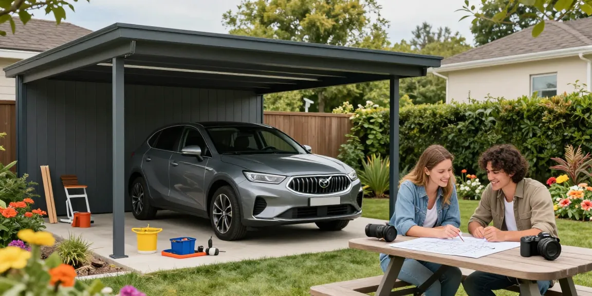 Moderne Carport-Konstruktion mit Auto, DIY-Plänen und blühender Gartenlandschaft.