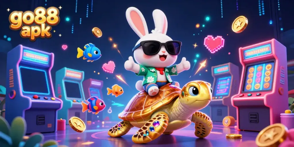 Engage with the thrilling world of go88 apk, showcasing a lively casino atmosphere with colorful characters and dynamic game elements.