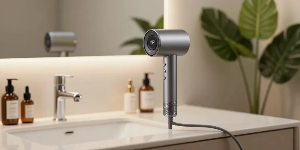Hochwertiger Haartrockner auf einem modernen Waschbecken mit Beautyprodukten und Pflanzen im Hintergrund.