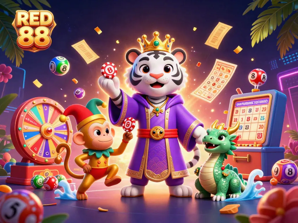 Experience vibrant gaming at RED 88 with lively characters, colorful elements, and dynamic casino action.