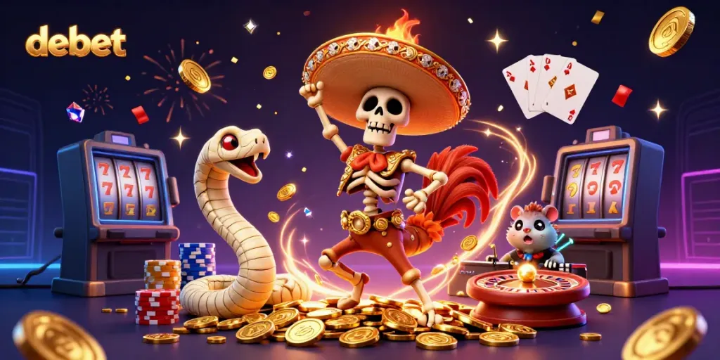 Engaging scene of debet characters celebrating with coins, roulette wheel, and poker chips
