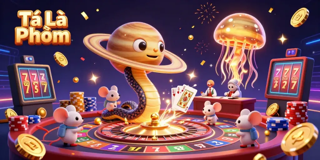 Experience the thrilling action of Tá Lả Phỏm with dynamic characters in a cosmic casino scene.