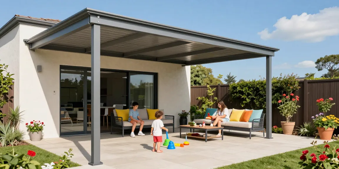 Terrassenüberdachung aus Aluminium bietet Schatten für eine Familie an einem sonnigen Tag.