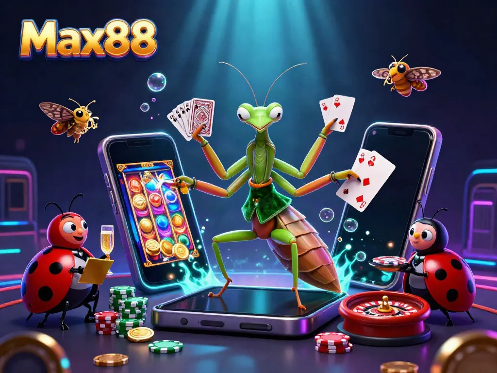 Enjoy thrilling casino action with Max88's unique 3D illustration featuring a mantis card sharp and lively gaming elements.