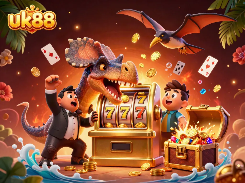 Experience the thrill of uk88 as a pachycephalosaurus unleashes jackpot coins from a slot machine amidst a colorful, vibrant casino scene.