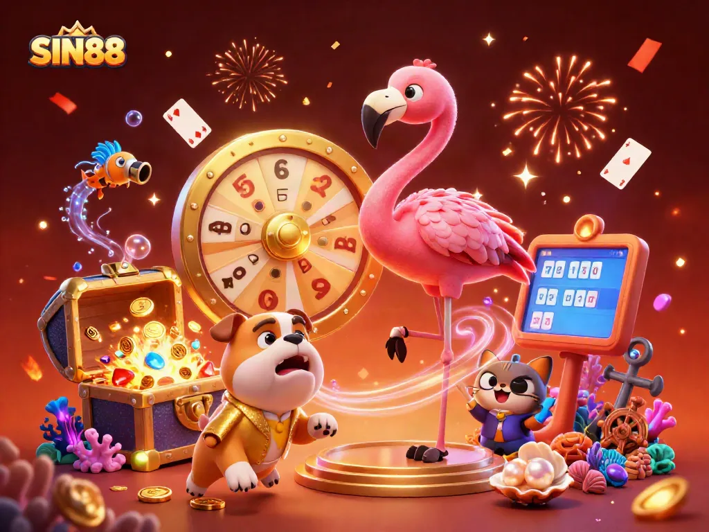 SIN88 brings excitement as a flamingo game show host spins a prize wheel, engaging with a bulldog contestant.
