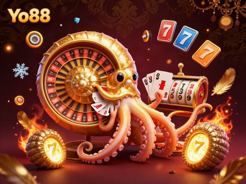 Experience thrilling gaming with Yo88's 3D ancient nautilus, roulette wheel, and vibrant game elements.