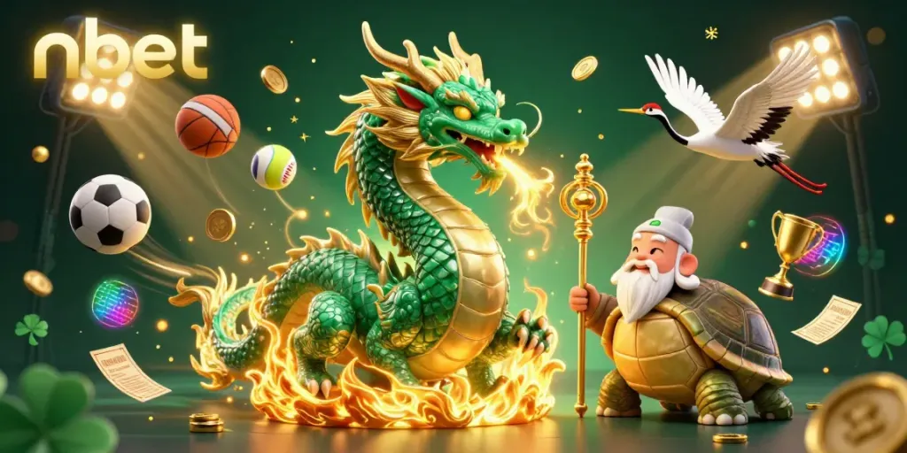 Experience the excitement of nbet with a dragon and lucky cranes amidst vibrant sports elements.