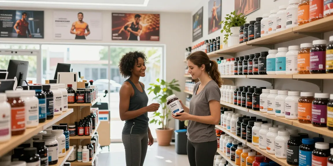 Ein Kunde erkundet Produkte im Unique Pharma Shop mit freundlichem Personal in einem einladenden Gesundheitsladen.